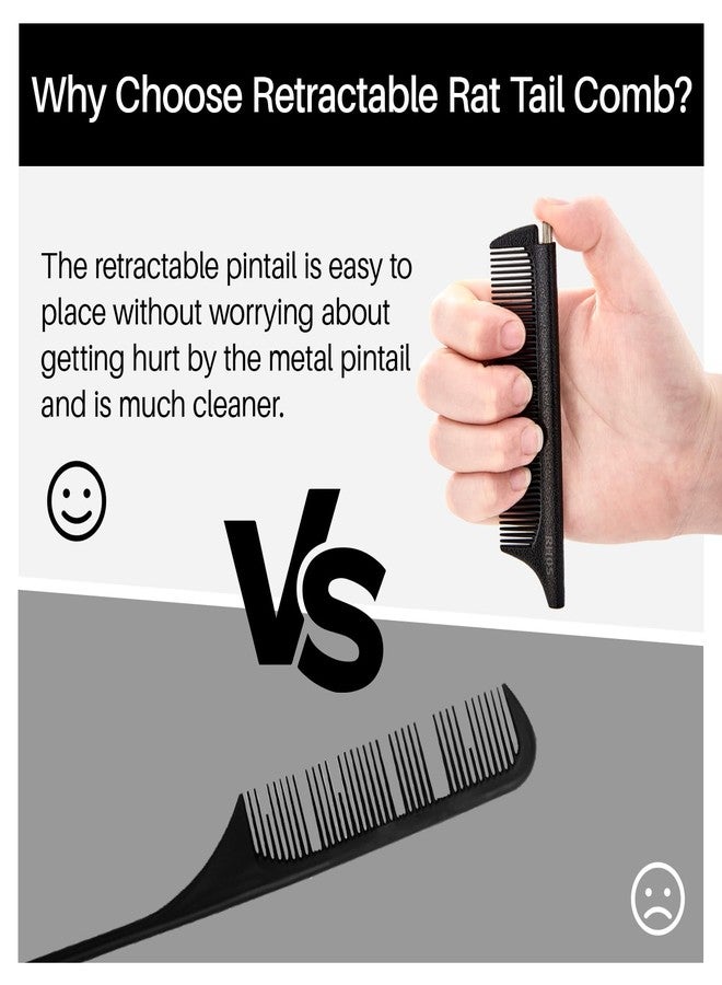 RHOS Carbon Retractable Rat Tail Comb for Parting and Styling, Hair Cutting and Braiding - Stainless Steel Pin Tail Comb, Black - Image 4